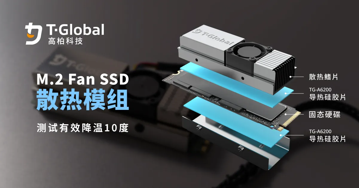 M.2 Fan SSD 散热模组，搭载 TG-A6200 超软导热硅胶片与高速液压轴承风扇