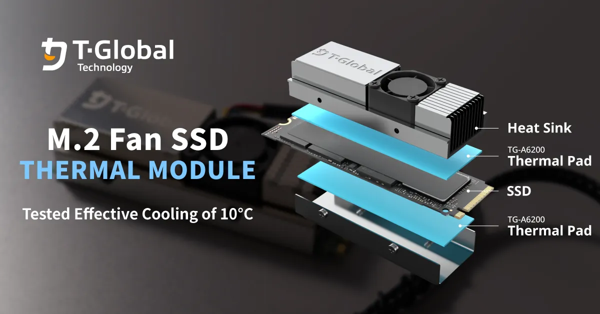 M.2 Fan SSD Thermal Module is equipped with TG-A6200 Ultra-Soft Thermal Pad and integrated with a 20x20x6.5mm hydraulic bearing fan, tested effective cooling of 10°C. M.2 Fan SSD Thermal Module is equipped with TG-A6200 Ultra-Soft Thermal Pad and integrated with a 20x20x6.5mm hydraulic bearing fan, tested effective cooling of 10°C.