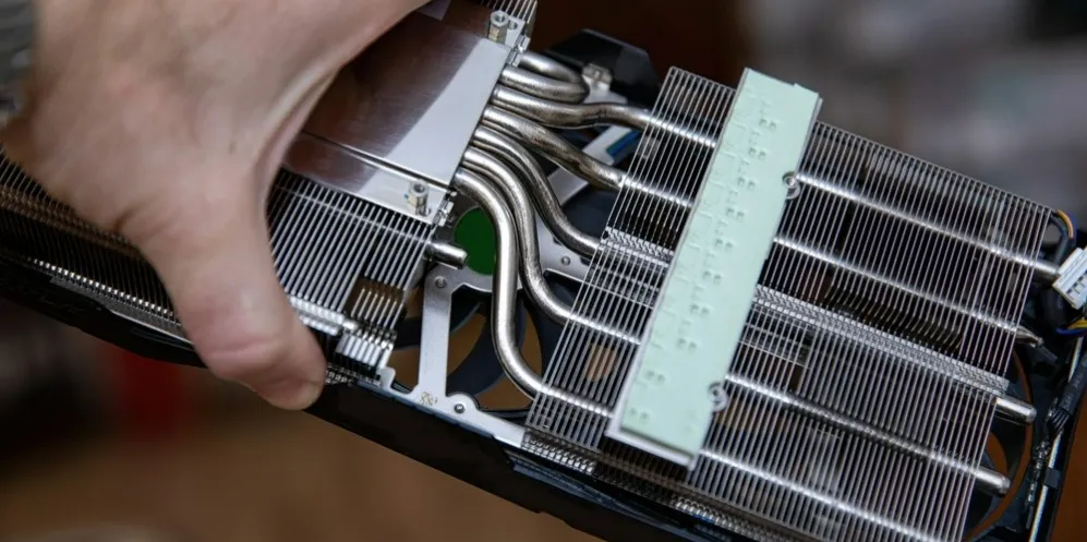 shutterstock_1610836729 The cooling system in a powerful graphics card.